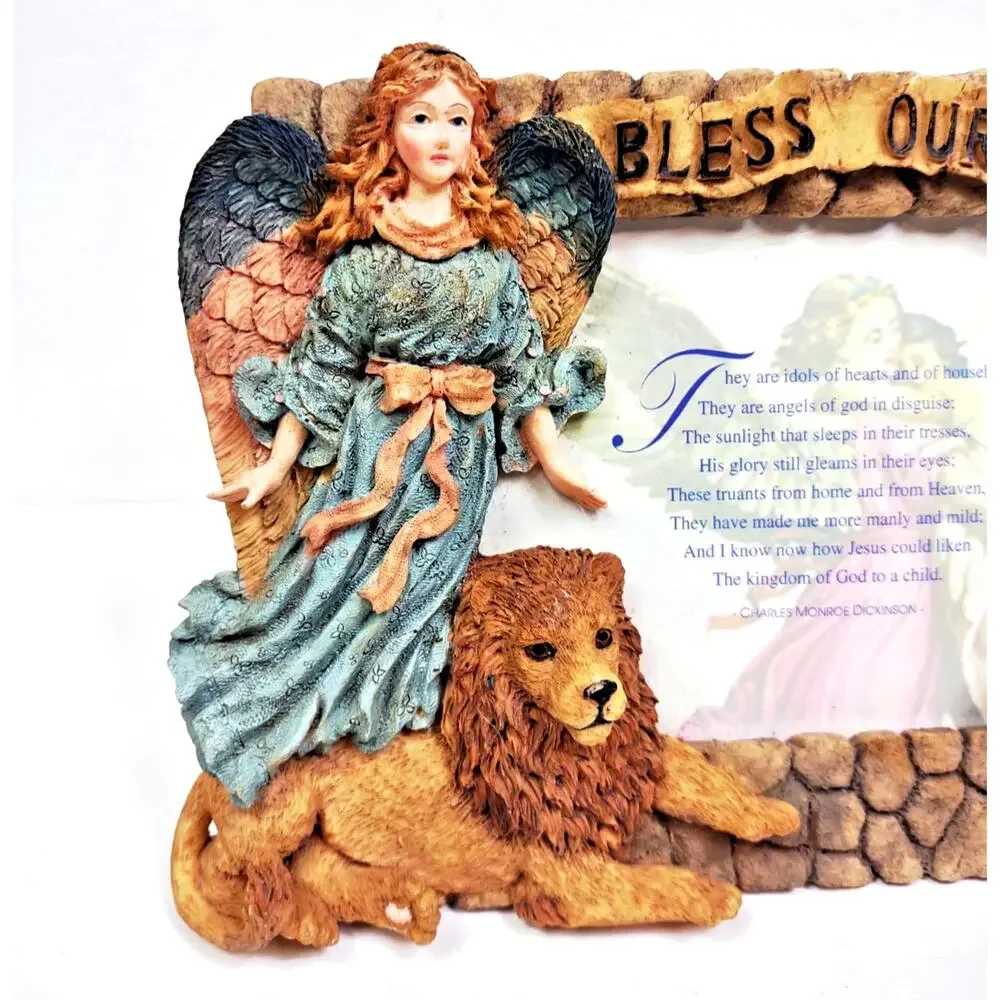 Vintage Holiday Frame Angel Sheep and Lion Bless Our Earth Poem 3-D Carved Resin